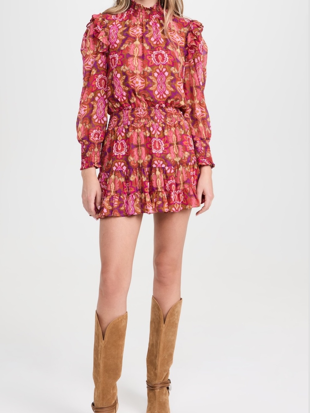 Misa Los Angeles Pink & Brown Floral Ruffle Neck Dress - Picture 4 of 7